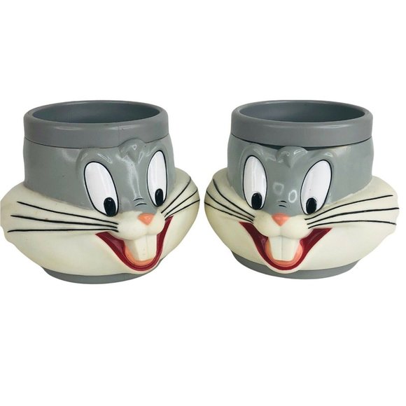 2 Bugs Bunny Vinyl Mugs Warner Brothers Looney Tunes 3D Face Head 10 OZ Kids Cup - Picture 1 of 10